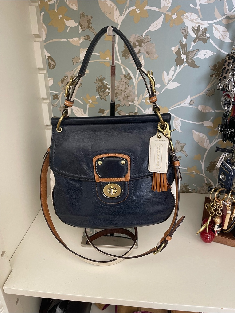 Vintage Coach Willis Legacy 70th Anniversary Bag. Navy, Brown & Cream Leather